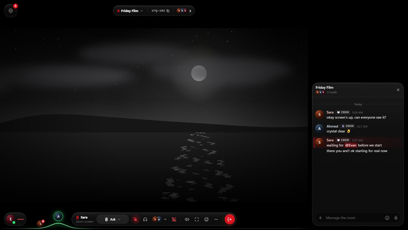 A Walnut called Friday Film: Sara’s shared screen fills the room, with the room chat on the right, the people in the voice call at the bottom left and the room’s controls along the bottom.